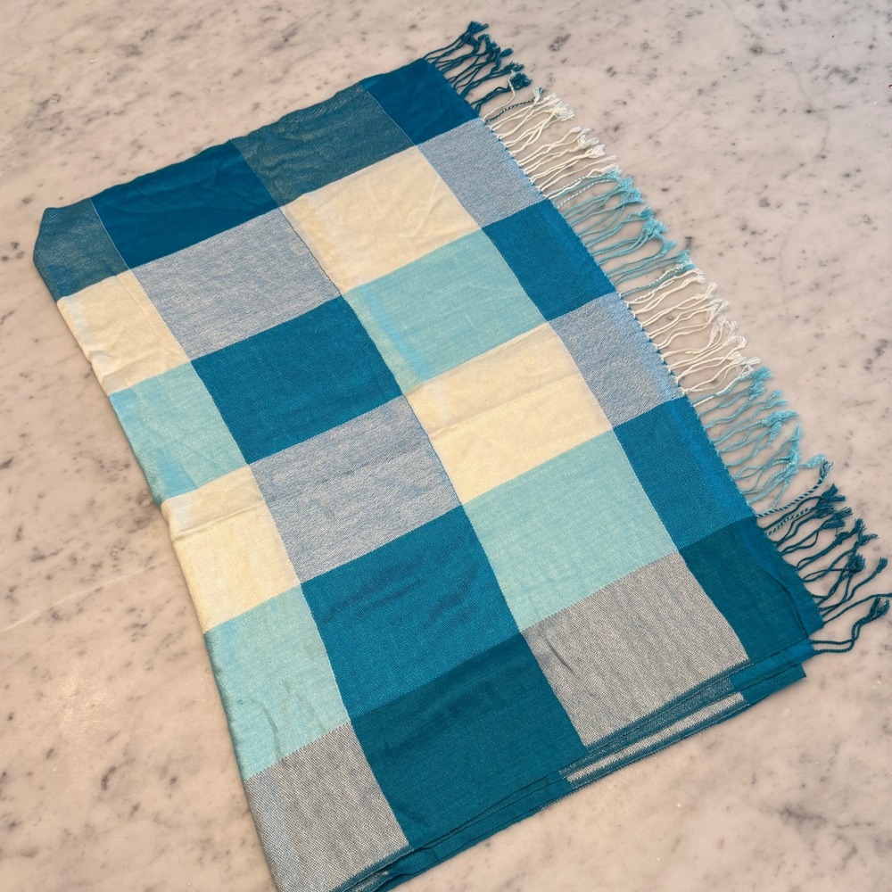 Pashmina‎ Blue Teal Colorblock Plaid Scarf Shawl Wrap with Fringe 28x70